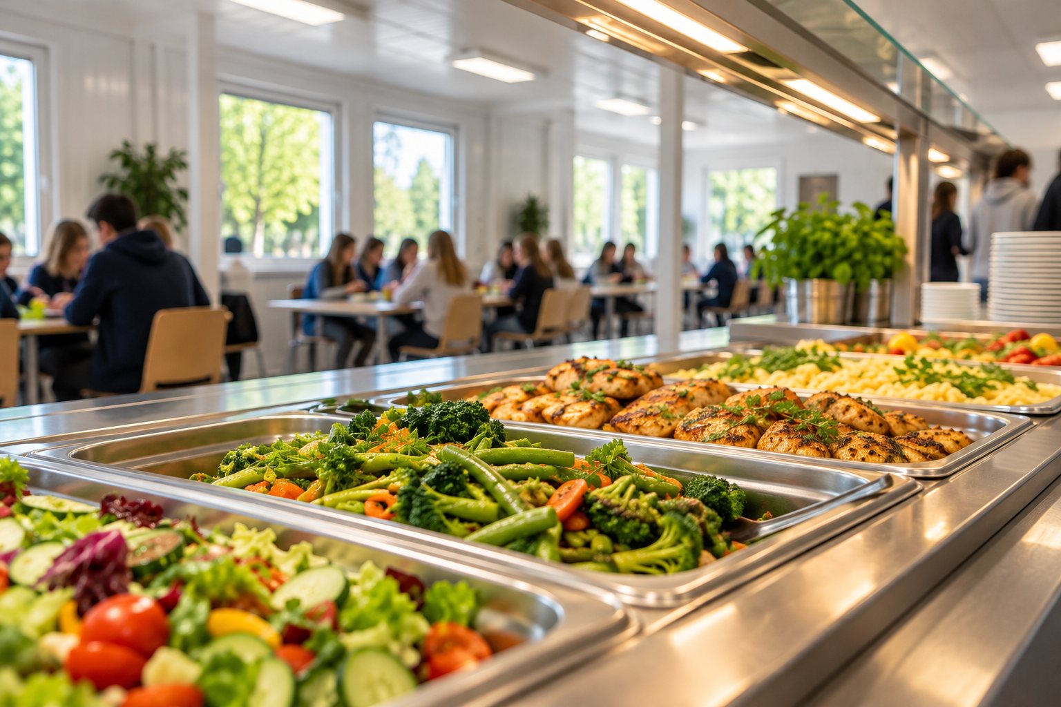 Essensausgabe in der Mensa mit Salat, Gemüse und Hähnchen